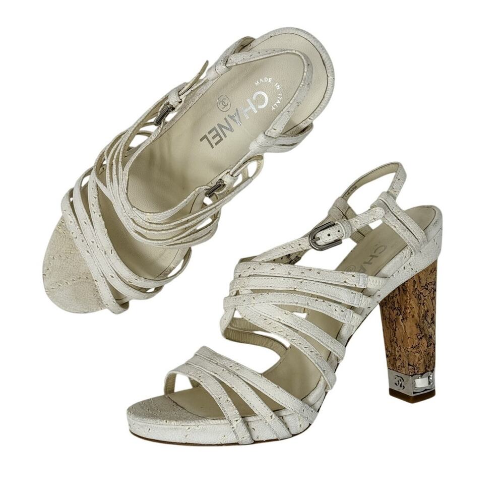 Chanel Suede Block Cork Heel Chain Link CC Detail Strappy Sandals white size 39